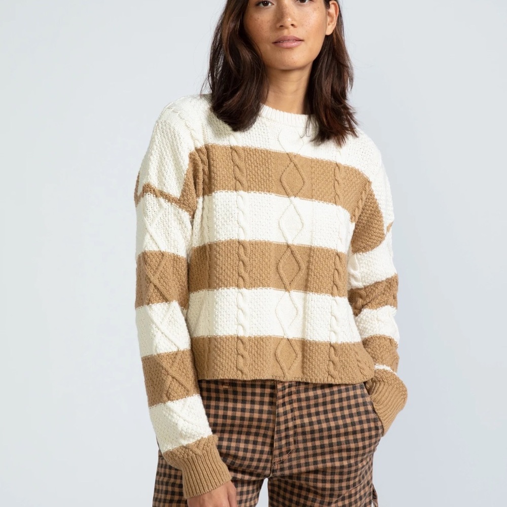 ASKK NY Cropped Crewneck Sweater in Camel Stripe. Size S.
